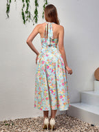 Halter Tie Smocking Floral Print Bodycon Dress