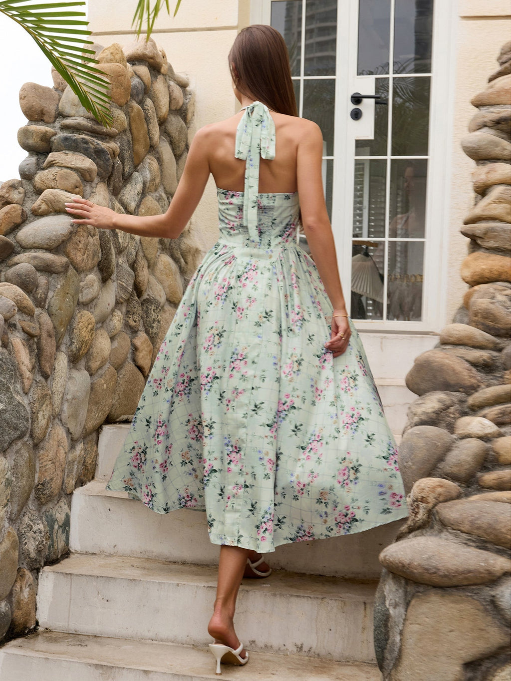 Halter Tie Smocking Floral Print Bodycon Dress