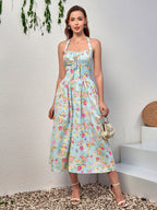 Halter Tie Smocking Floral Print Bodycon Dress