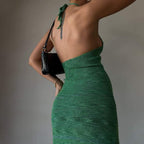 Ribbed Knit Halter V-Neck Sleeveless Bodycon Midi Dress