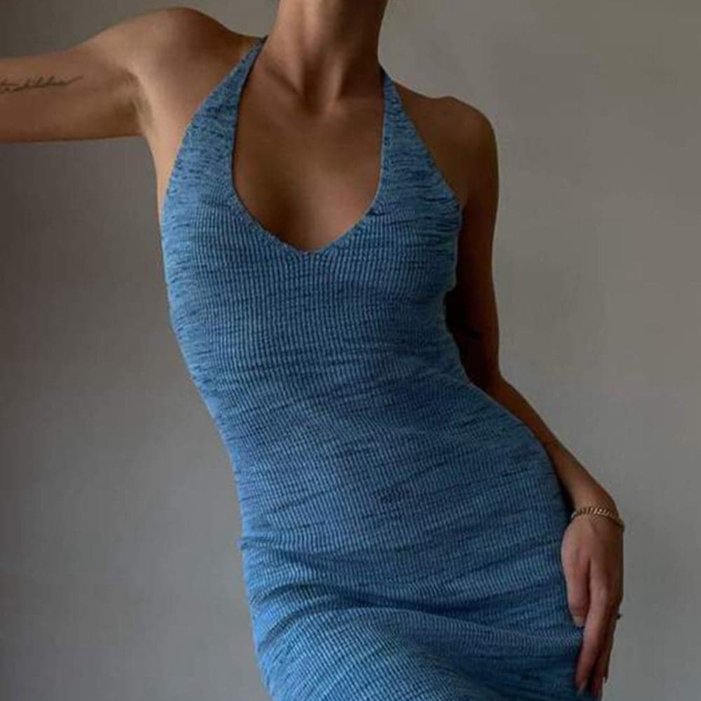 Ribbed Knit Halter V-Neck Sleeveless Bodycon Midi Dress