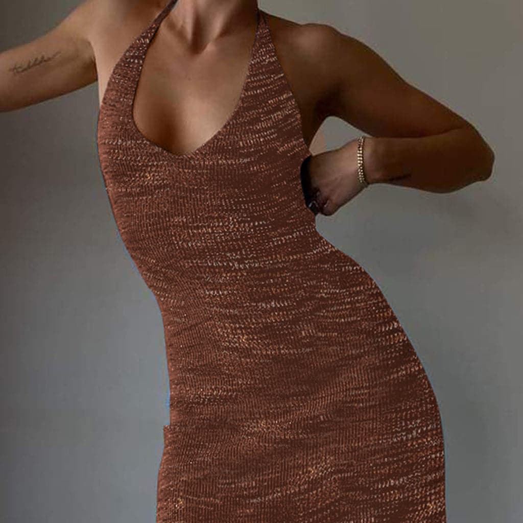 Ribbed Knit Halter V-Neck Sleeveless Bodycon Midi Dress