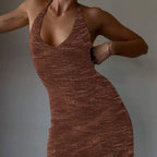 Ribbed Knit Halter V-Neck Sleeveless Bodycon Midi Dress