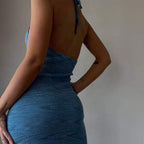 Ribbed Knit Halter V-Neck Sleeveless Bodycon Midi Dress