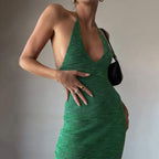 Ribbed Knit Halter V-Neck Sleeveless Bodycon Midi Dress