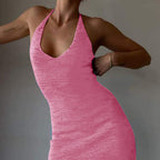 Ribbed Knit Halter V-Neck Sleeveless Bodycon Midi Dress