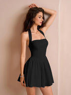 Halter Zipper Back Flared Hem Solid Dress