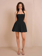Halter Zipper Back Flared Hem Solid Dress