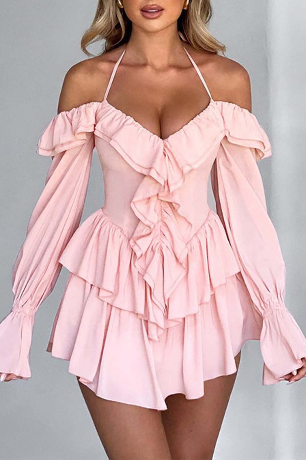 Off Shoulder Halter Neck Ruffle Trim Bell Sleeve Tiered Ruffle Mini Dress