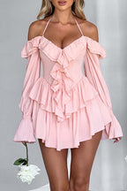 Off Shoulder Halter Neck Ruffle Trim Bell Sleeve Tiered Ruffle Mini Dress