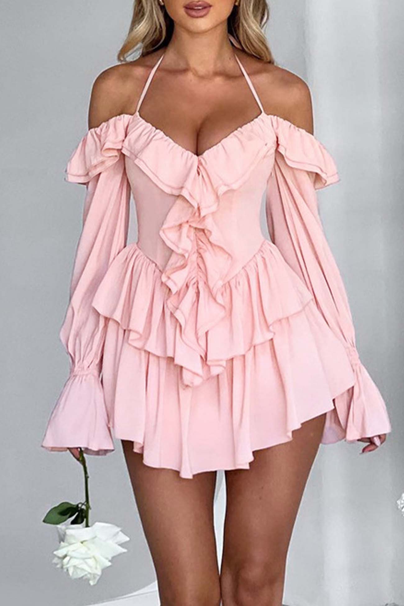 Off Shoulder Halter Neck Ruffle Trim Bell Sleeve Tiered Ruffle Mini Dress