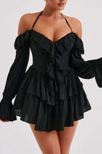Off Shoulder Halter Neck Ruffle Trim Bell Sleeve Tiered Ruffle Mini Dress