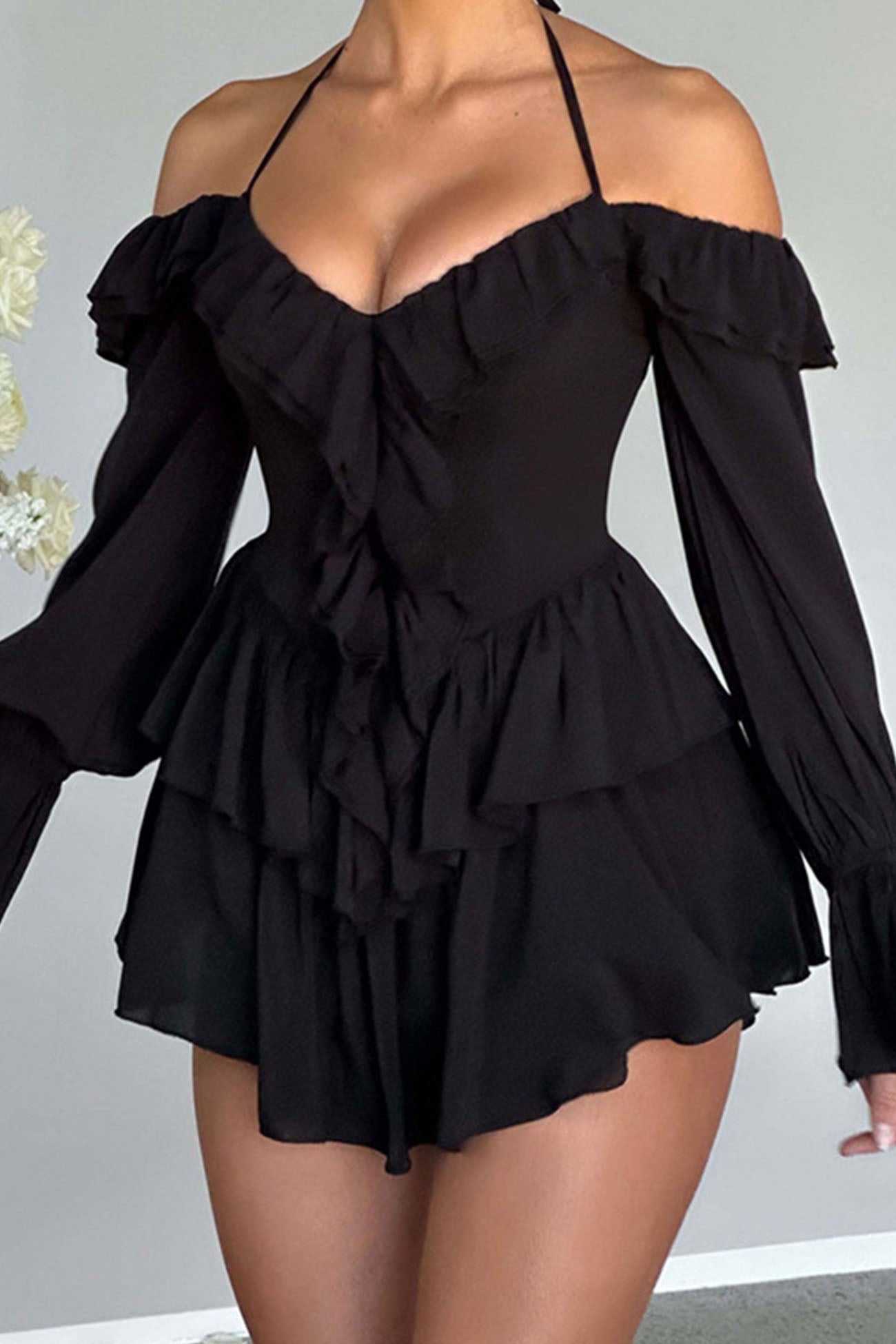 Off Shoulder Halter Neck Ruffle Trim Bell Sleeve Tiered Ruffle Mini Dress