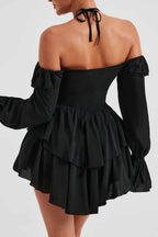 Off Shoulder Halter Neck Ruffle Trim Bell Sleeve Tiered Ruffle Mini Dress