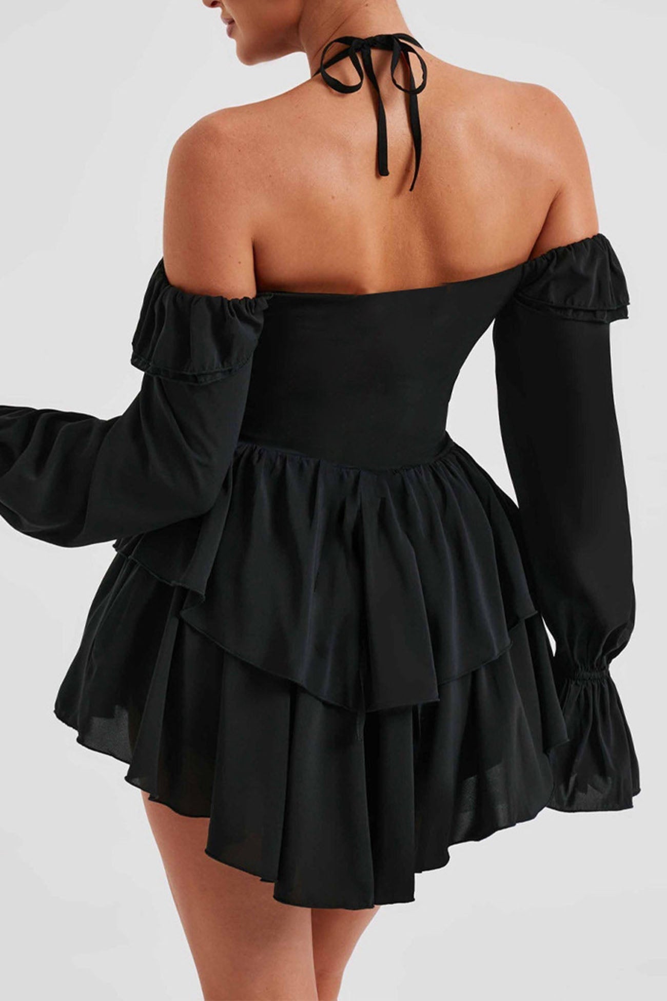 Off Shoulder Halter Neck Ruffle Trim Bell Sleeve Tiered Ruffle Mini Dress