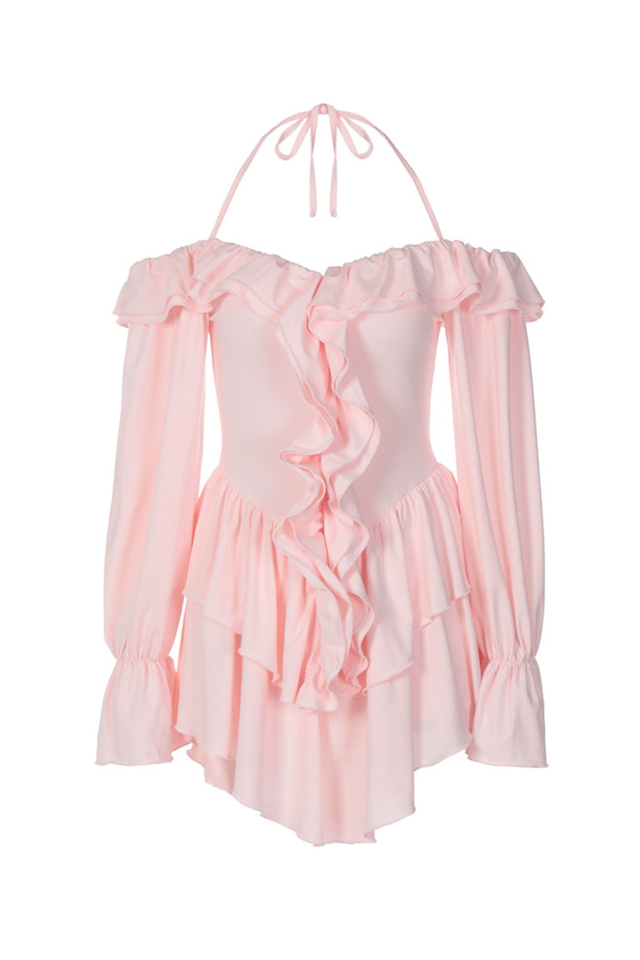 Off Shoulder Halter Neck Ruffle Trim Bell Sleeve Tiered Ruffle Mini Dress