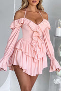 Off Shoulder Halter Neck Ruffle Trim Bell Sleeve Tiered Ruffle Mini Dress