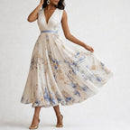 Hannah - Women's Pleated Midi Dress with Floral Print