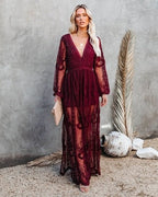 Embroidered Lace Deep V Neck Balloon Sleeve Thigh Slit Maxi Dress