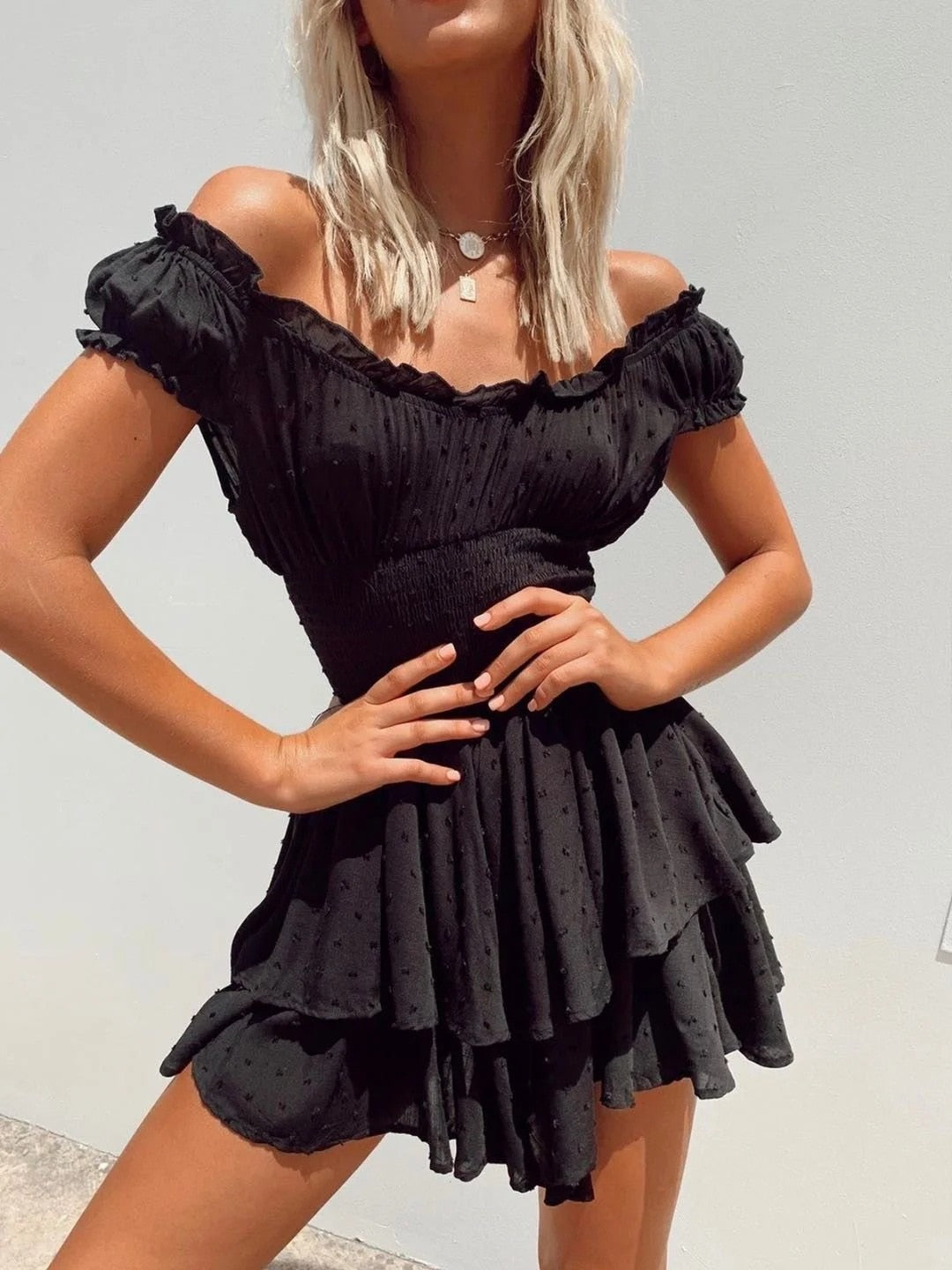 Off Shoulder Swiss Dot Smocked Waist Tiered Ruffle Mini Dress