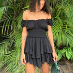 Off Shoulder Swiss Dot Smocked Waist Tiered Ruffle Mini Dress