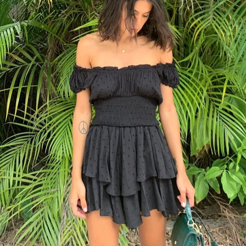 Off Shoulder Swiss Dot Smocked Waist Tiered Ruffle Mini Dress