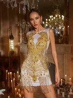 Round Neck Sleeveless Beaded Sequin Chain Fringe Trim Bodycon Mini Dress