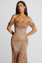 Lina Off Shoulder Diamond Mesh Maxi Dress