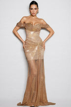 Lina Off Shoulder Diamond Mesh Maxi Dress