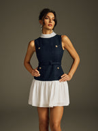 Sleeveless Mock Neck Contrast Vest Pleated Skirt Mini Dress