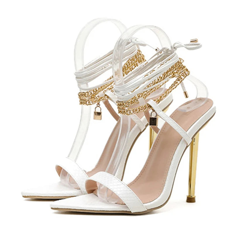Gold White Pointed Toe Female Party Shoes Sandalias with New Chain Ankle Strap