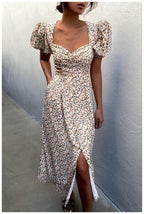 Daisy Floral Puff Sleeve Smocked Square Neck Side Slit Midi Dress