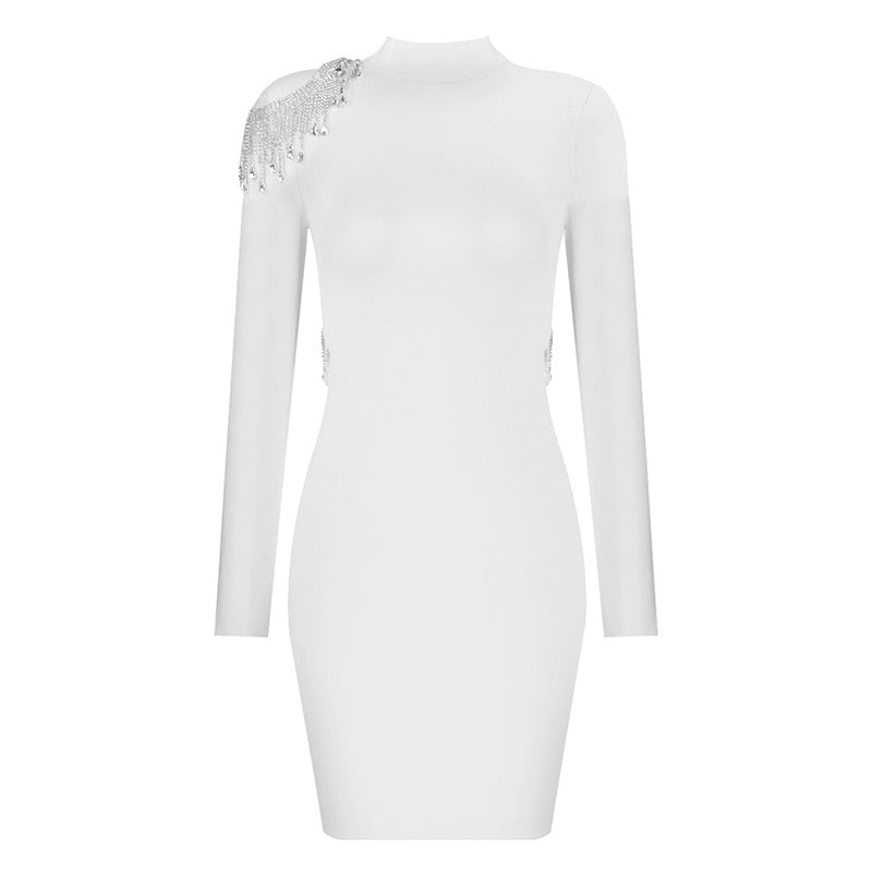Crystal Fringe Open Back Mock Neck Long Sleeve Bodycon Dress