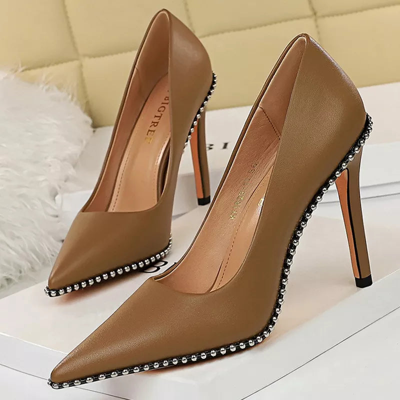 Rivets String Bead Women Pumps High Heels Office Shoes