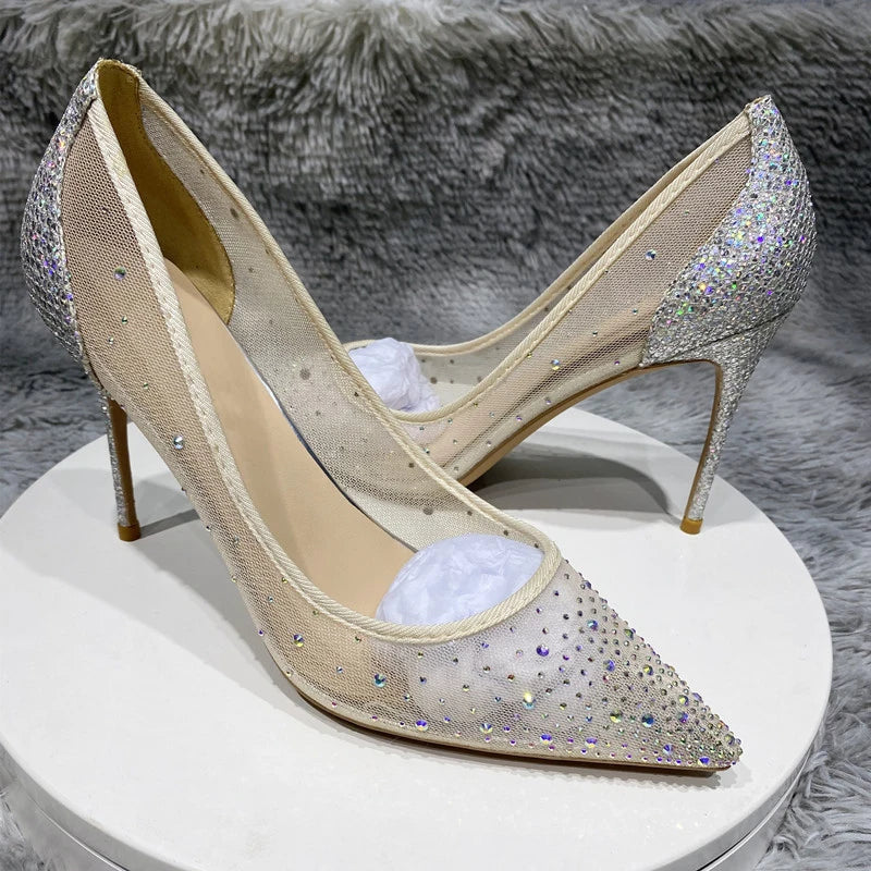Silver Rhinestone Gauze Pointy Toe High Heel Wedding Party Bridal Shoes