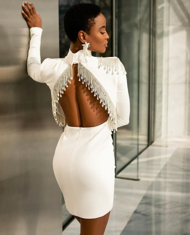 Crystal Fringe Open Back Mock Neck Long Sleeve Bodycon Dress