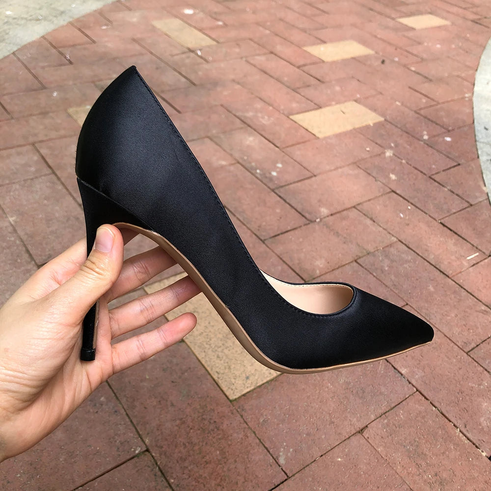 Black Silk Satin Pointy Toe High Heel Stiletto Pumps for Elegant Ladies
