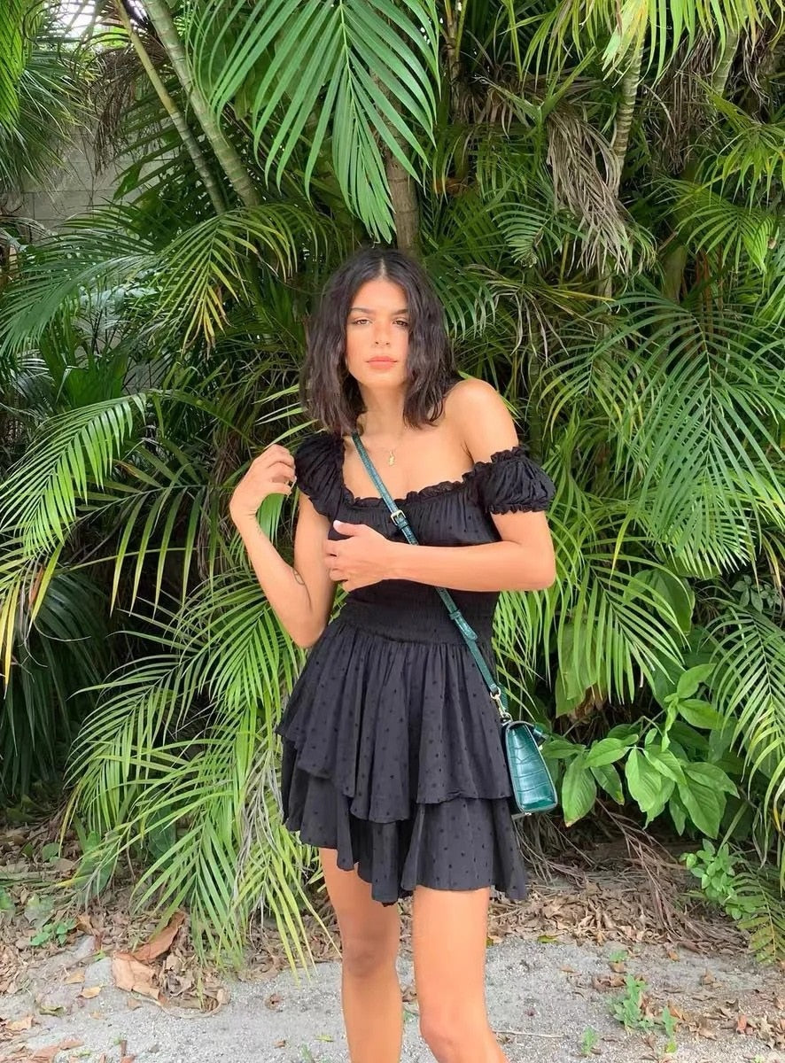 Off Shoulder Swiss Dot Smocked Waist Tiered Ruffle Mini Dress