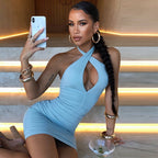 Cross Halter Keyhole Cutout Ruched Bodycon Mini Dress