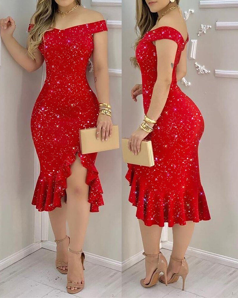 Off Shoulder Glitter Ruffle Hem High Split Bodycon Midi Dress