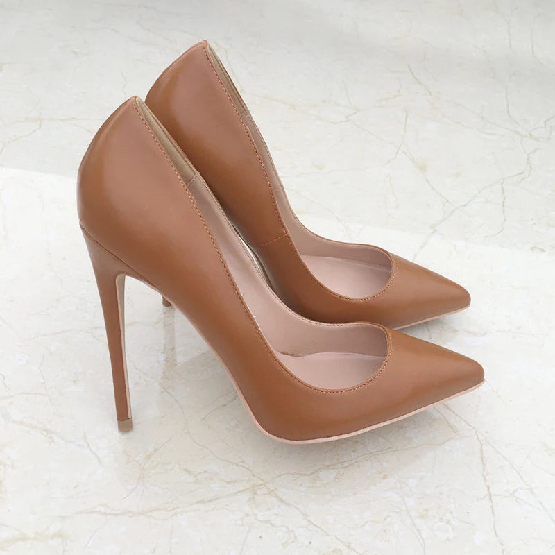 Khaki Brown Matte Pointed Toe Stiletto High Heels for Women