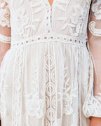 Embroidered Lace Deep V Neck Balloon Sleeve Thigh Slit Maxi Dress