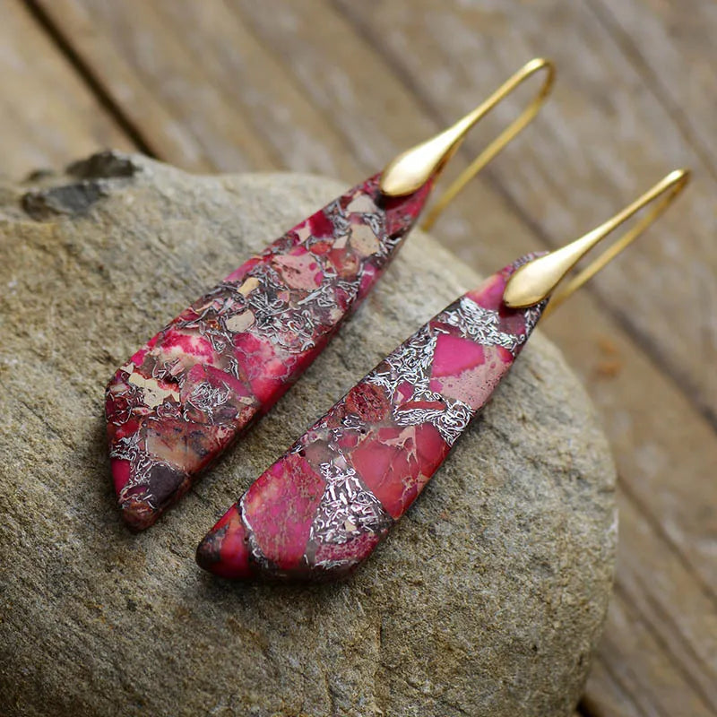 Imperial Jasper Leaf Pendant Dangle Drop Earrings Jewelry