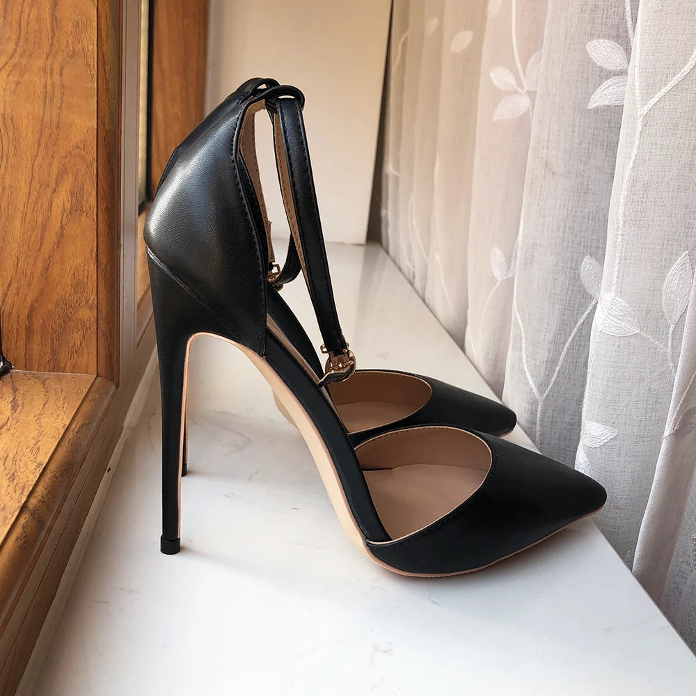 Black Matte Ankle Strap Pointy Toe High Heel Shoes for Women