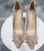 Floral Lace Mesh Pointy Toe High Heels for Women - Elegant Designer Stiletto