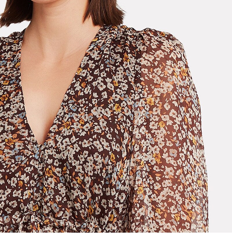 Floral Print V-Neck Lantern Sleeve Tiered Ruffle Chiffon Mini Dress
