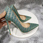 Green Glitter Embossed Crocodile Effect Pointy Toe High Heel Party Dress Shoes for Women