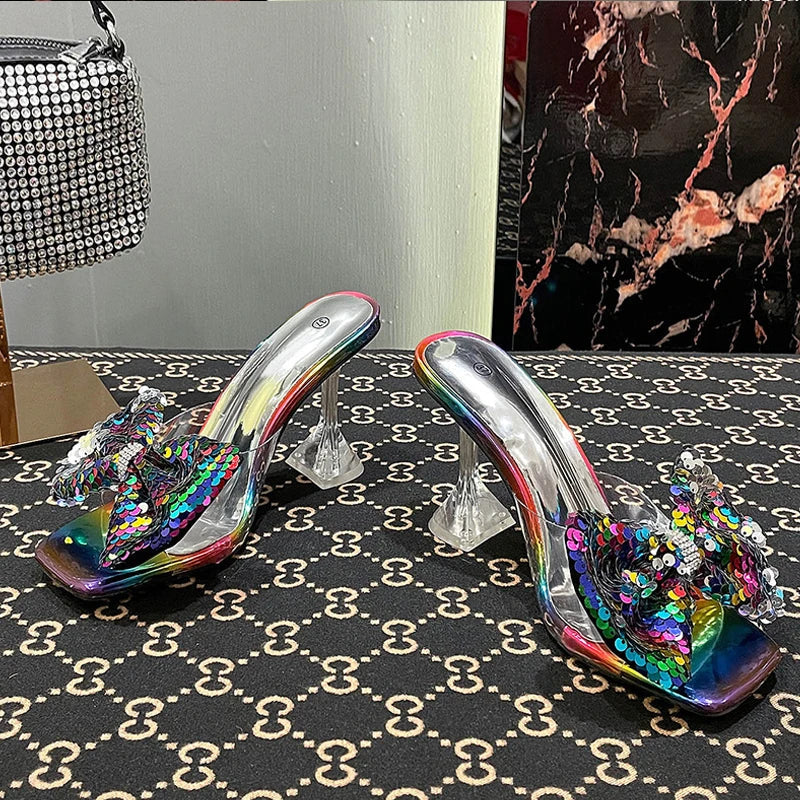 Clear PVC Crystal Heeled Women Slippers