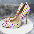 White Matte Pointy Toe High Heel Celebrity Party Shoes with Multi-Color Spikes for Women