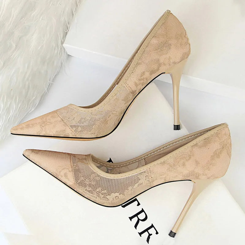 Mesh Hollow Lace Stiletto Heels for Women